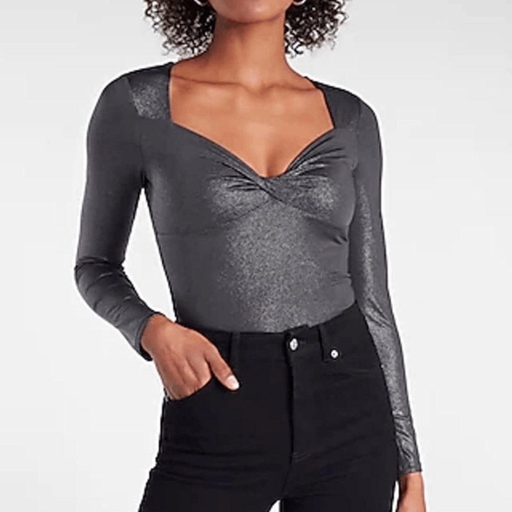 Express Gray Silver Body Contour Metallic Twist Front Long Sleeve Bodysuit